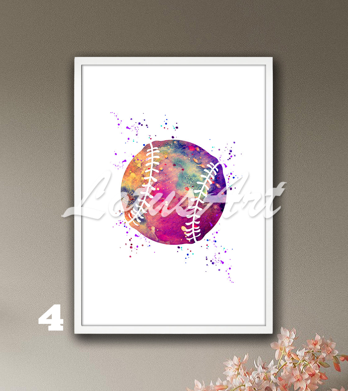 Sports art print depicting multicolored baseball - softball watercolor painting on a white background.