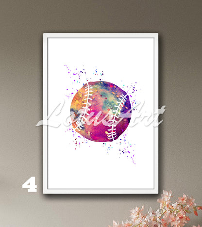 Sports art print depicting multicolored baseball - softball watercolor painting on a white background.