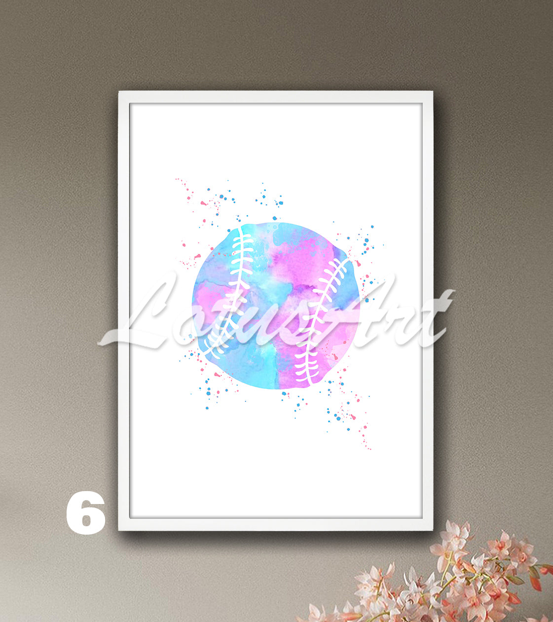 Sports art print depicting multicolored baseball - softball watercolor painting on a white background.