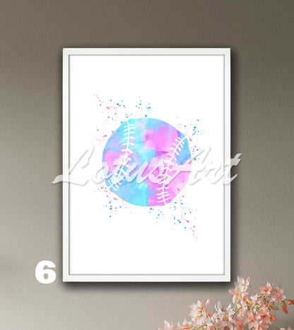 Sports art print depicting multicolored baseball - softball watercolor painting on a white background.