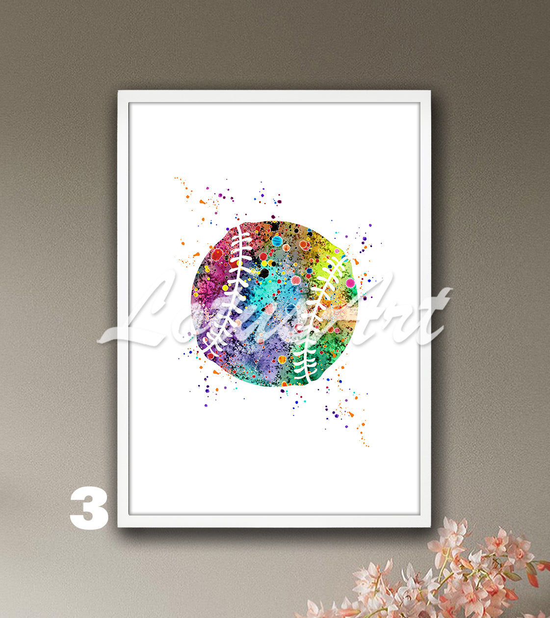 Sports art print depicting multicolored baseball - softball watercolor painting on a white background.