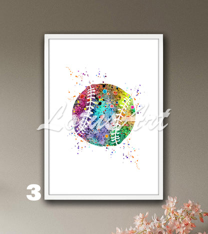 Sports art print depicting multicolored baseball - softball watercolor painting on a white background.