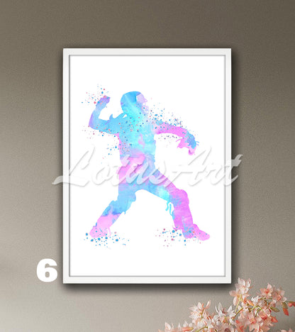 Baseball softball catcher girl watercolor sports artwork in blue-pink tones - girls room wall art print