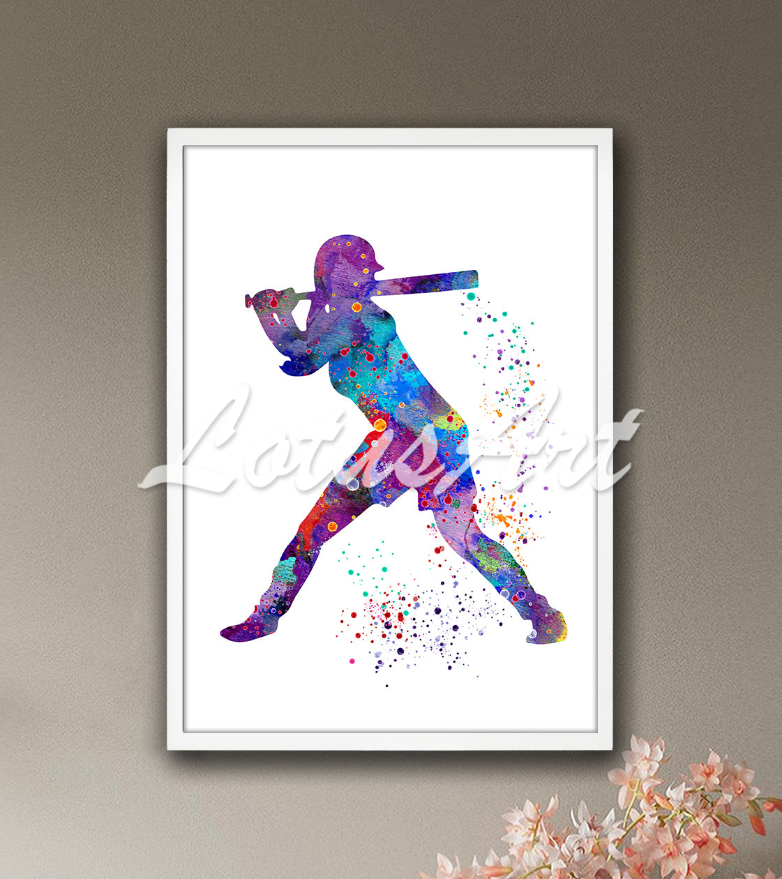 Baseball softball girl batter swinging bat multicolor watercolor print - youth sports artwork