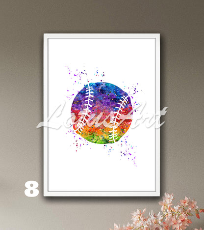 Sports art print depicting multicolored baseball - softball watercolor painting on a white background.