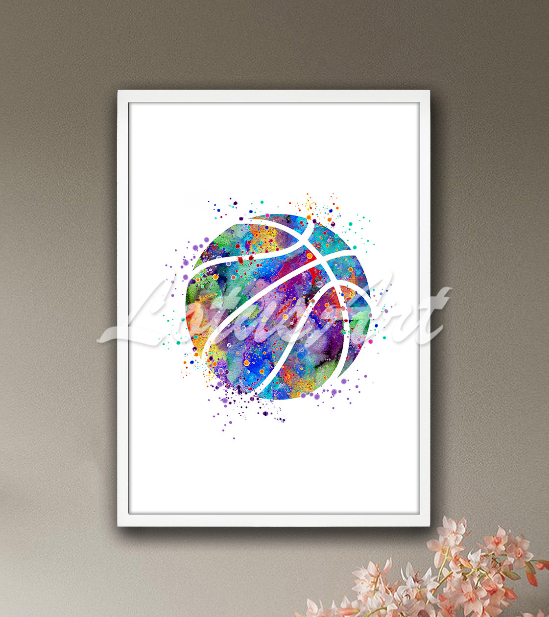 Basketball ball with lines multicolor watercolor art print - teen bedroom sports decor
