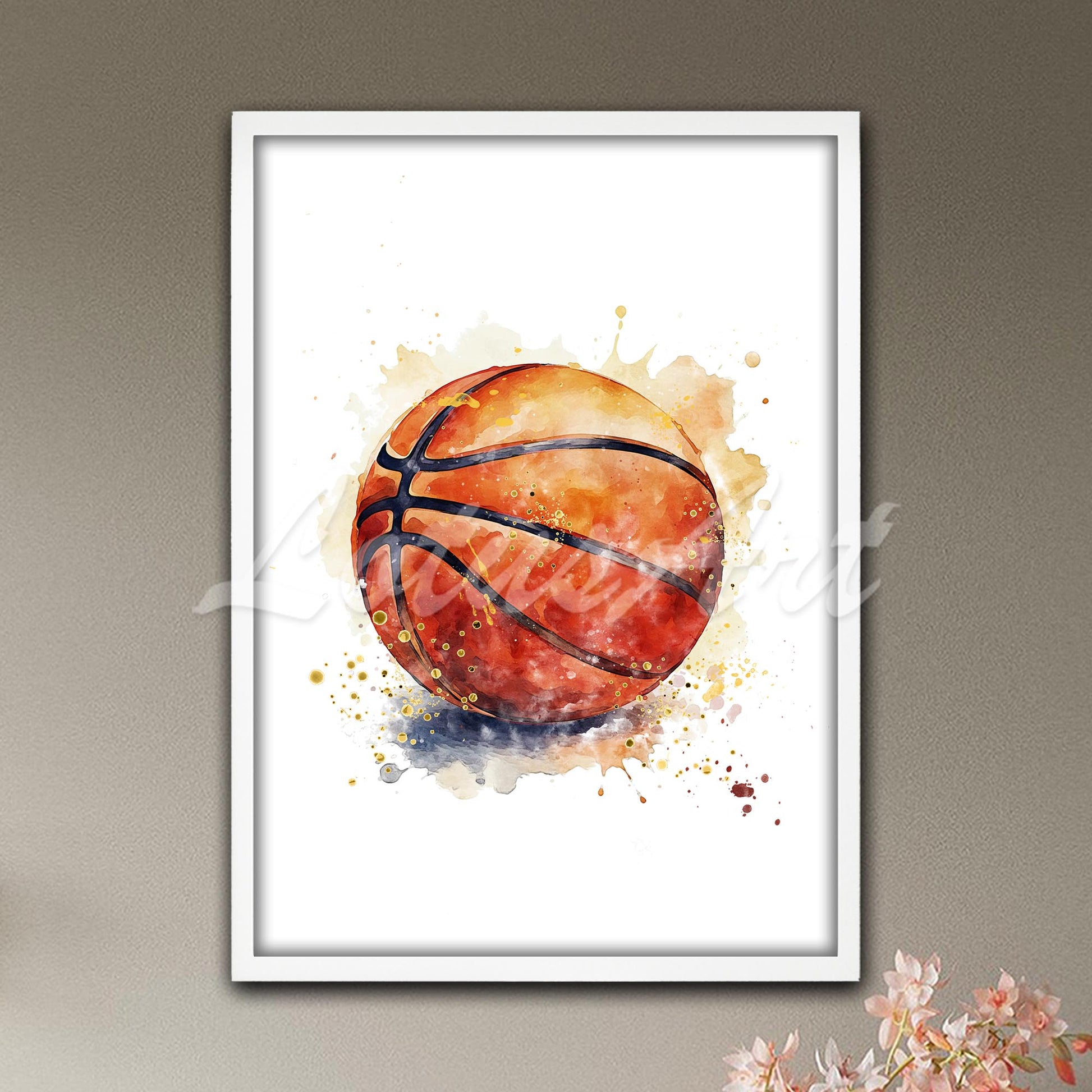Basketball ball art print in orange red watercolor tones - sports enthusiast artwork