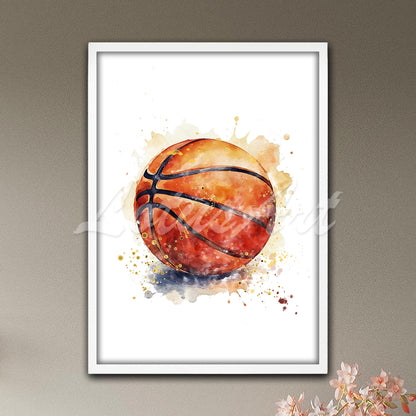 Basketball ball art print in orange red watercolor tones - sports enthusiast artwork