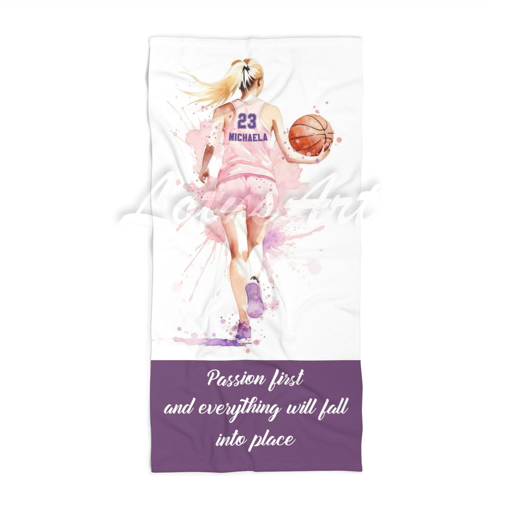 Basketball blonde girl sports beach towel personalized custom name number, pink white watercolor art front view