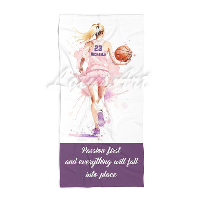 Basketball blonde girl sports beach towel personalized custom name number, pink white watercolor art front view