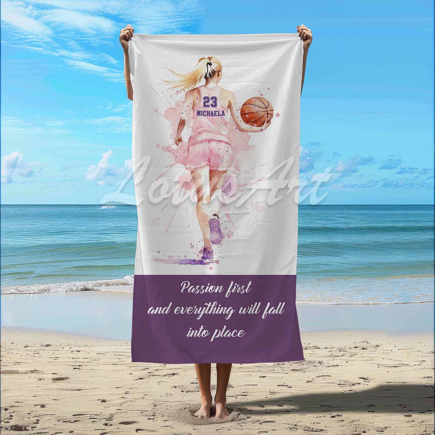 Basketball blonde girl sports beach towel personalized custom name number, pink white watercolor art lifestyle beach