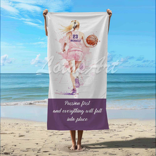 Basketball blonde girl sports beach towel personalized custom name number, pink white watercolor art lifestyle beach