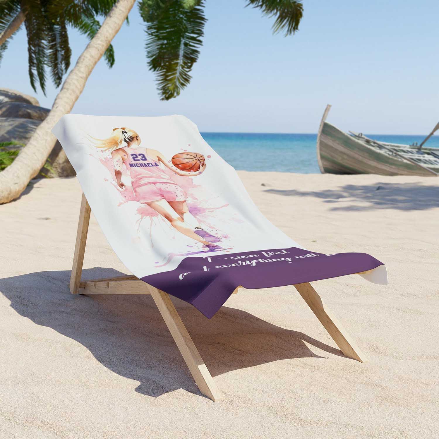 Basketball blonde girl sports beach towel personalized custom name number, pink white watercolor art lifestyle lounger