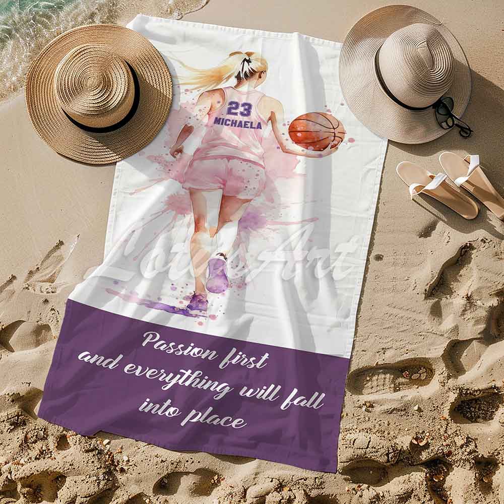 Basketball blonde girl sports beach towel personalized custom name number, pink white watercolor art lifestyle sand