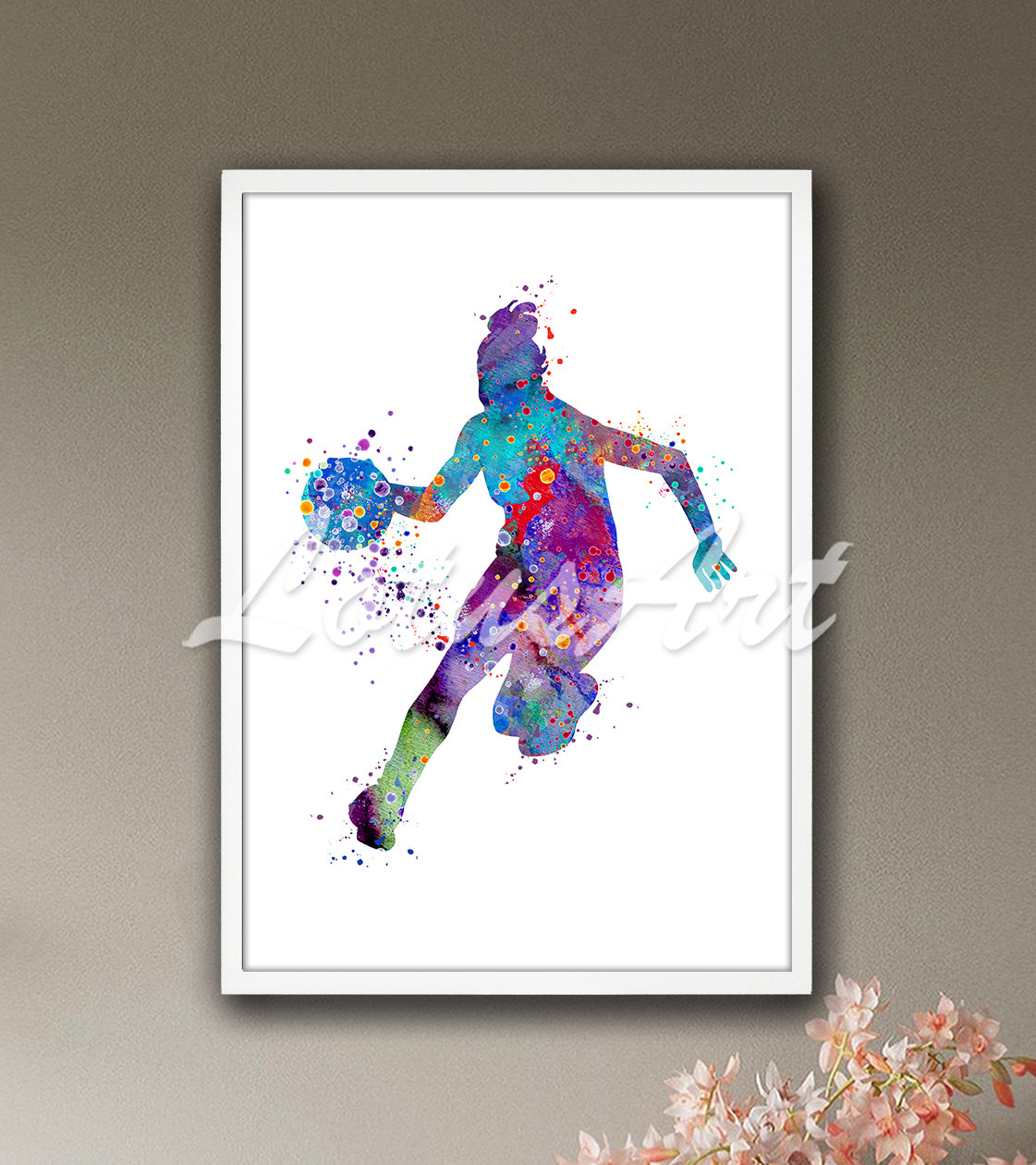 Basketball girl player dribbling ball vibrant multicolor watercolor print - kids room sports wall art