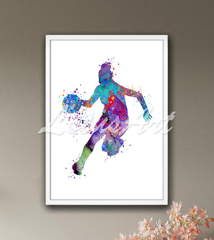 Basketball girl player dribbling ball vibrant multicolor watercolor print - kids room sports wall art