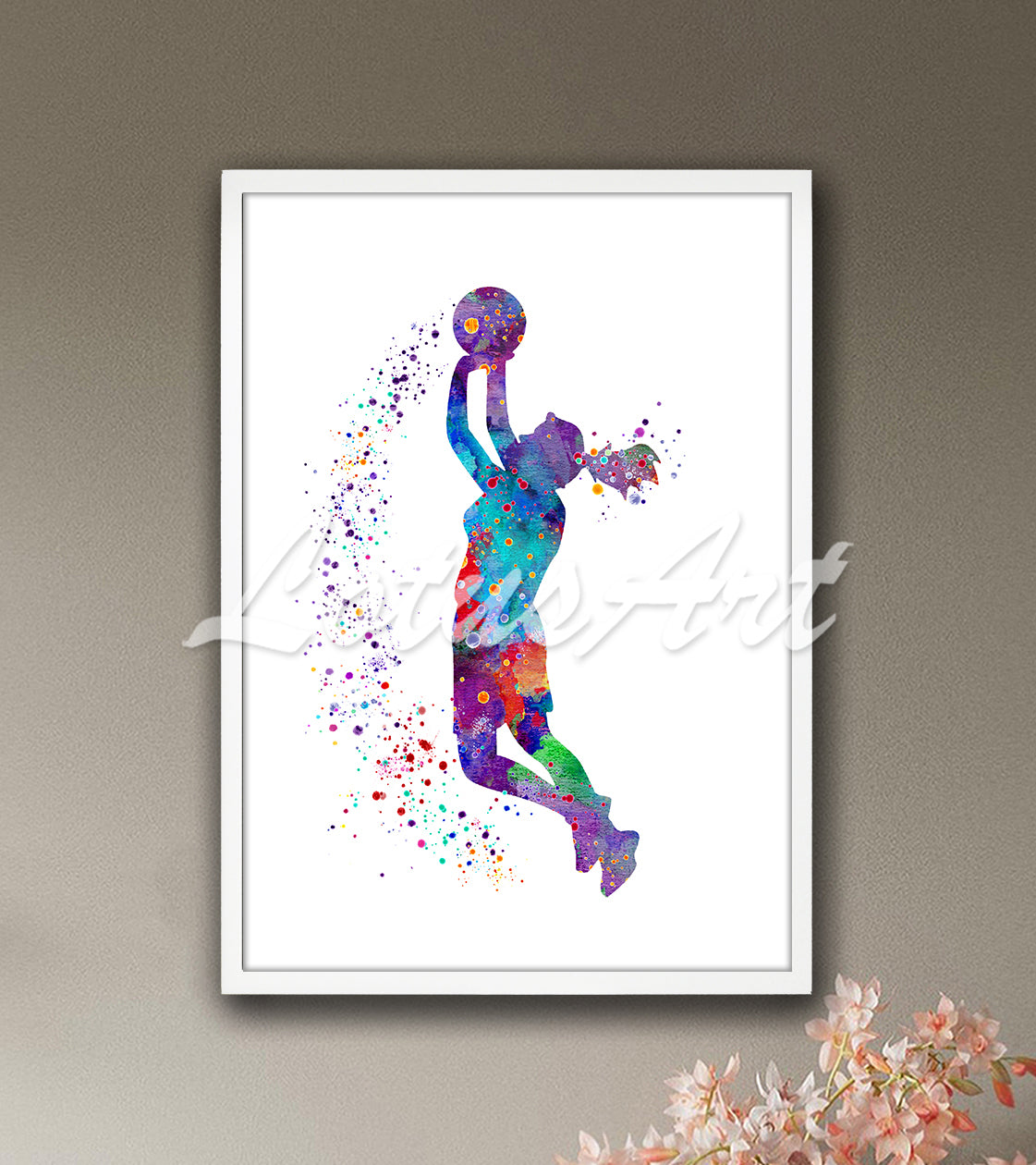 Basketball girl player shooting ball upward multicolor watercolor print - youth sports artwork