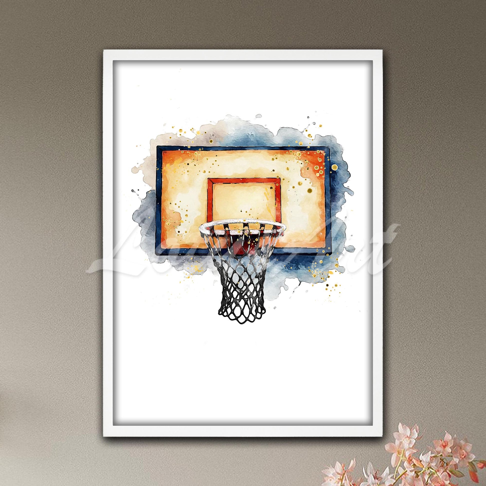 Basketball hoop with net orange navy blue watercolor tones - kids room sports wall art