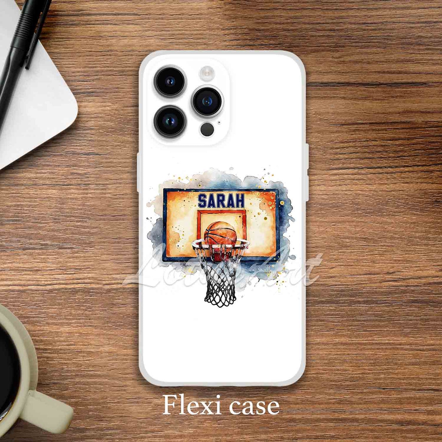 Basketball hoop personalized phone case watercolor sports art, custom name on board, tough case lifestyle
