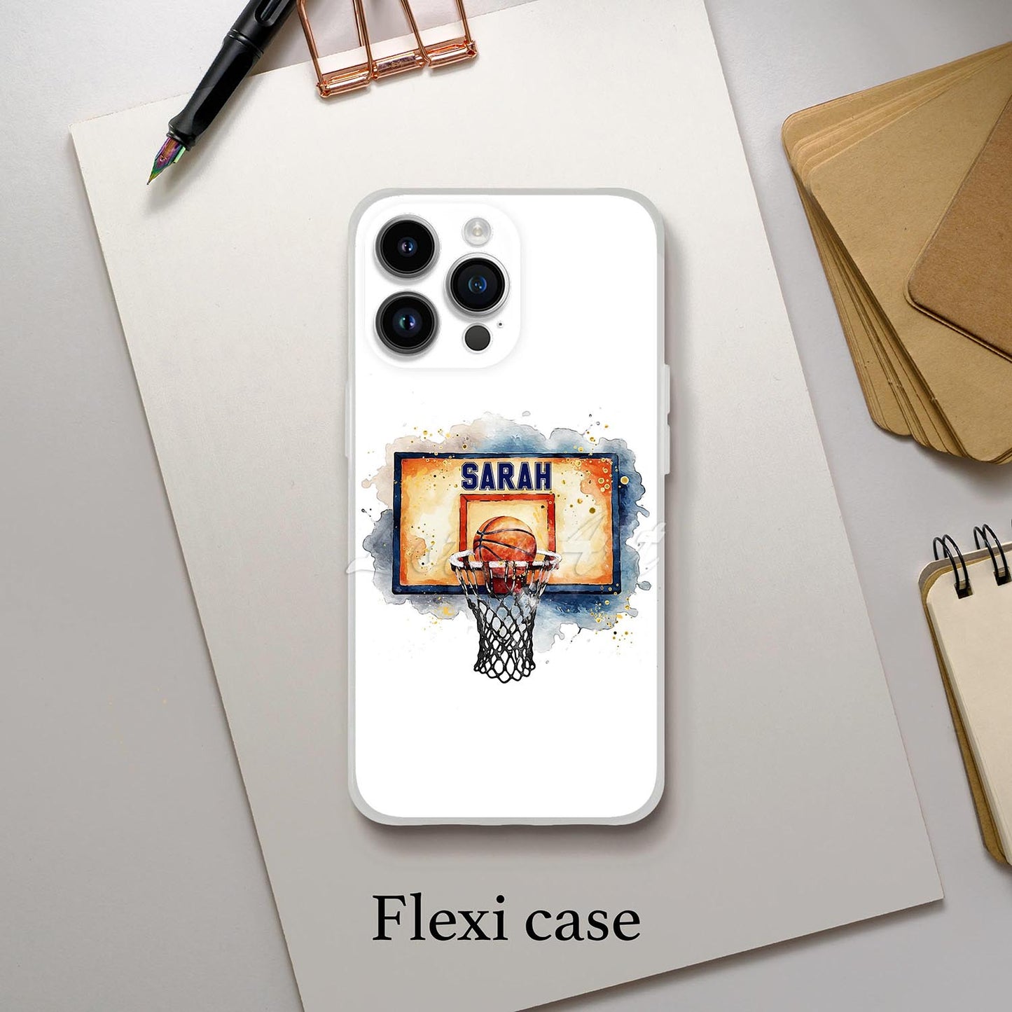 Basketball hoop personalized phone case watercolor sports art, custom name on board, flexi case lifestyle