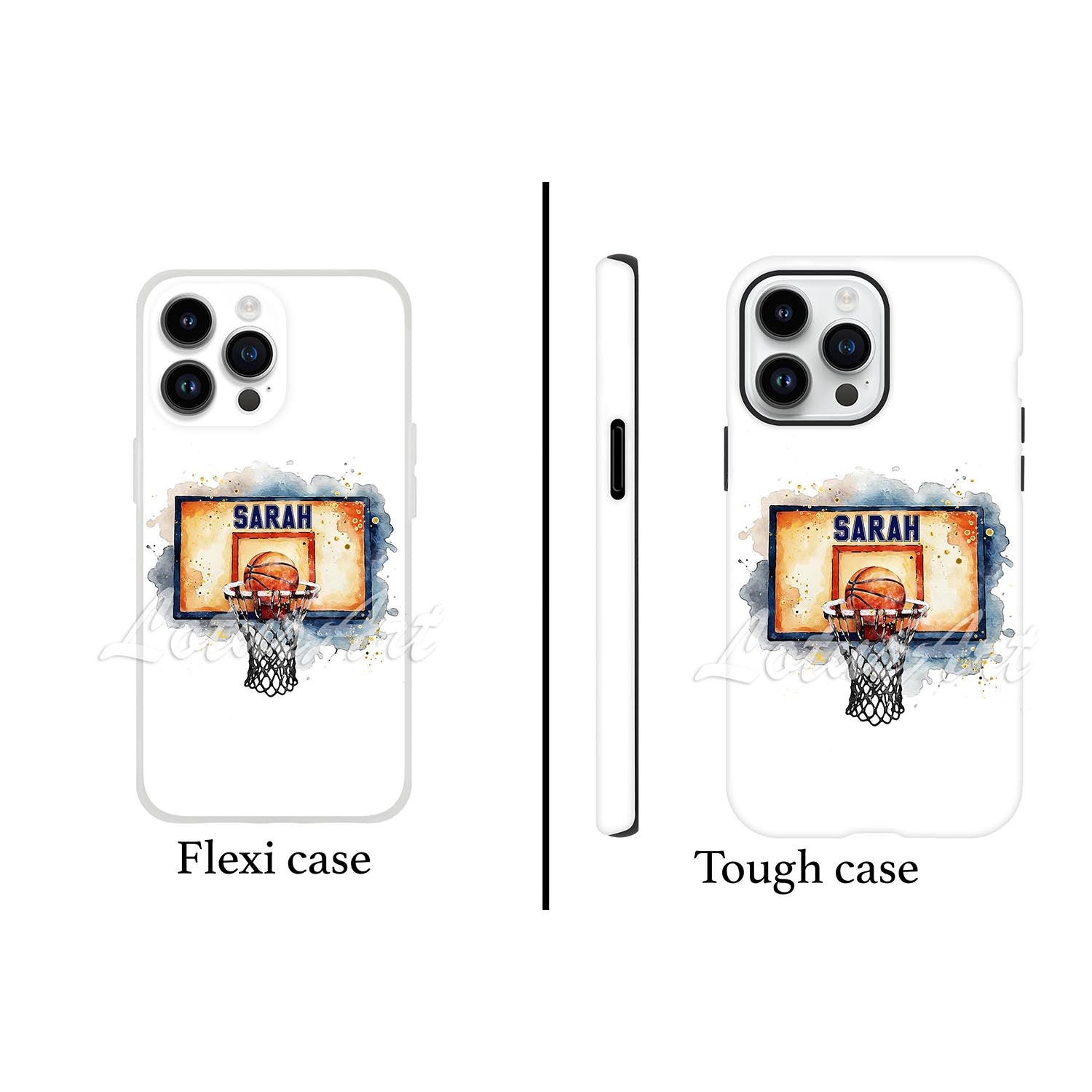 Basketball hoop personalized phone case watercolor sports art, custom name on board, flexi & tough case front view