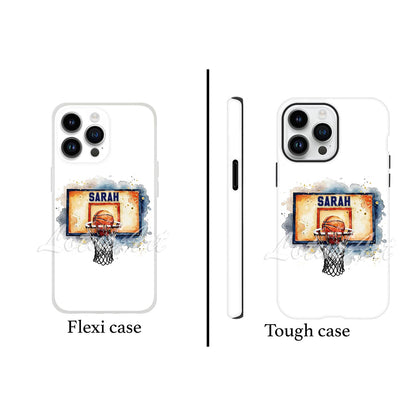 Basketball hoop personalized phone case watercolor sports art, custom name on board, flexi & tough case front view