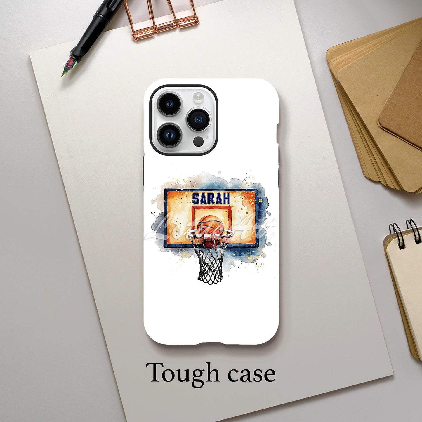 Basketball hoop personalized phone case watercolor sports art, custom name on board, tough case lifestyle