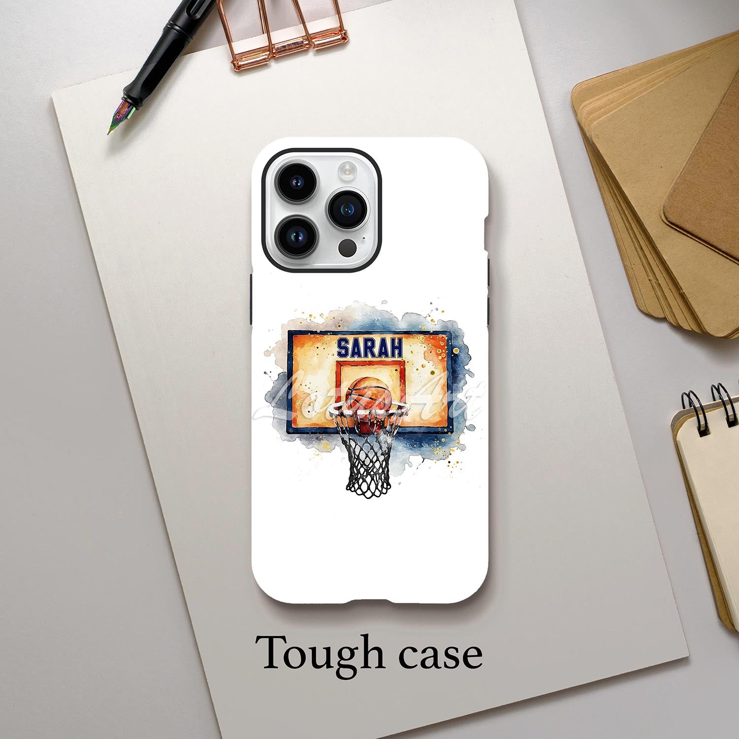 Basketball hoop personalized phone case watercolor sports art, custom name on board, tough case lifestyle