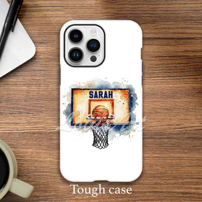 Basketball hoop personalized phone case watercolor sports art, custom name on board, flexi case featured