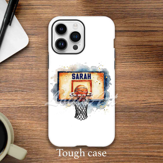 Basketball hoop personalized phone case watercolor sports art, custom name on board, flexi case featured