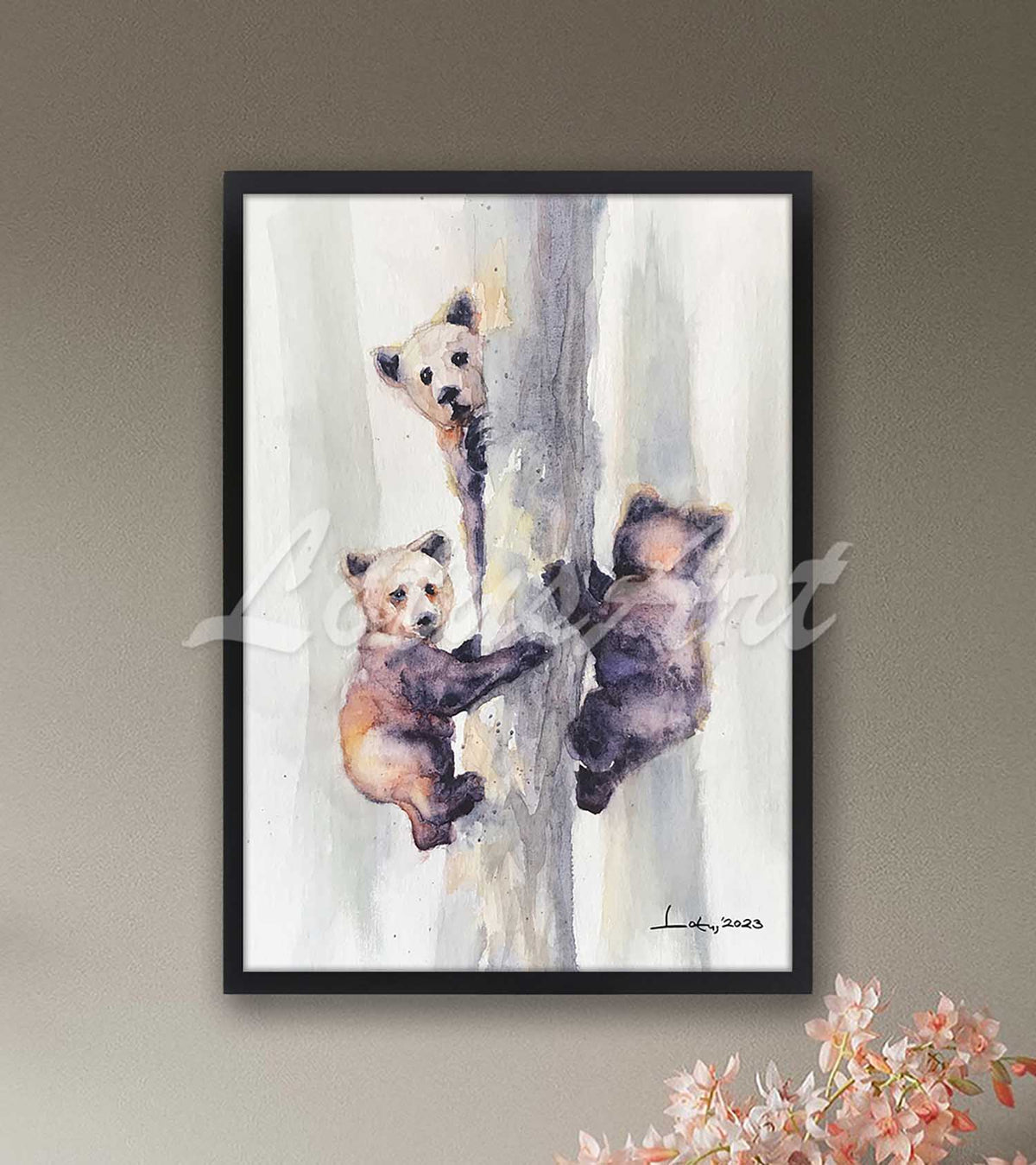 Bear cubs watercolor wildlife print in black frame, kids room forest decor & grizzly bear wall art poster