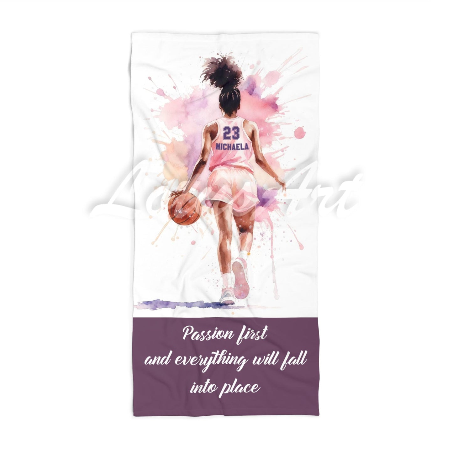 Black girl basketball in pink personalized beach towel custom name number quote, watercolor sports art front view