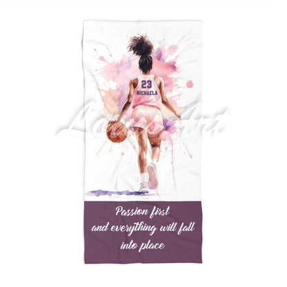 Black girl basketball in pink personalized beach towel custom name number quote, watercolor sports art front view