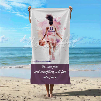 Black girl basketball in pink personalized beach towel custom name number quote, watercolor sports art lifestyle beach