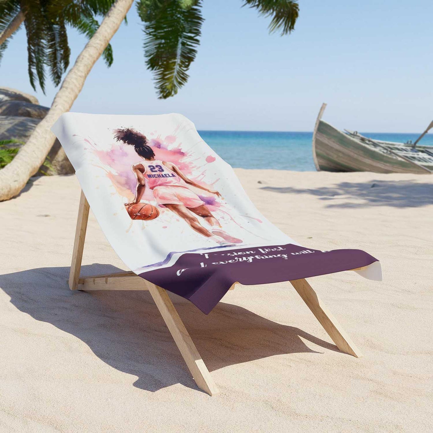 Black girl basketball in pink personalized beach towel custom name number quote, watercolor sports art lifestyle lounger