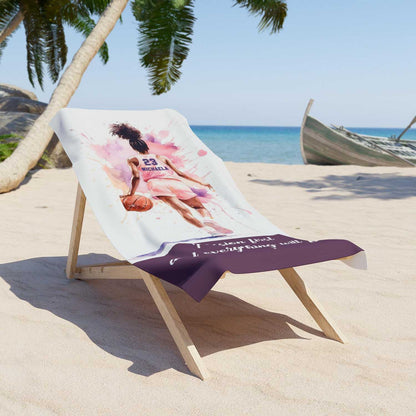 Black girl basketball in pink personalized beach towel custom name number quote, watercolor sports art lifestyle lounger