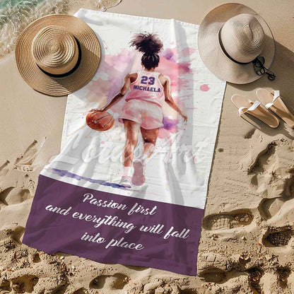 Black girl basketball in pink personalized beach towel custom name number, watercolor sports art lifestyle sand