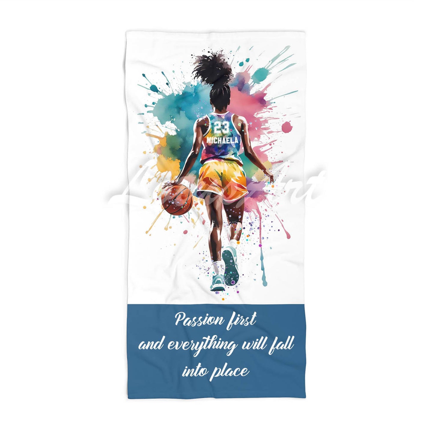 Black girl basketball sports beach towel personalized custom name number, multicolor watercolor art front view