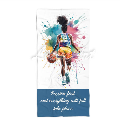 Black girl basketball sports beach towel personalized custom name number, multicolor watercolor art front view