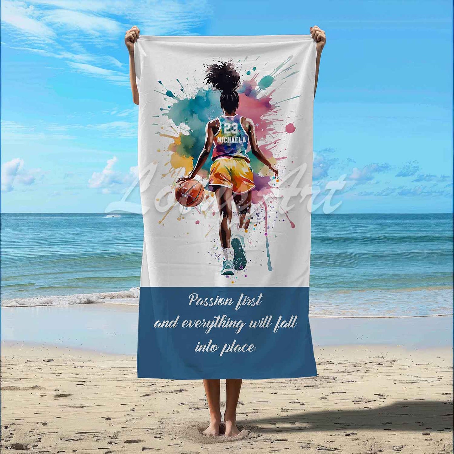Black girl basketball sports beach towel personalized custom name number, multicolor watercolor art lifestyle beach