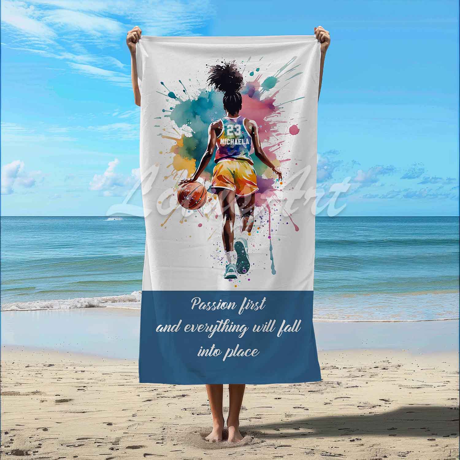 Black girl basketball sports beach towel personalized custom name number, multicolor watercolor art lifestyle beach