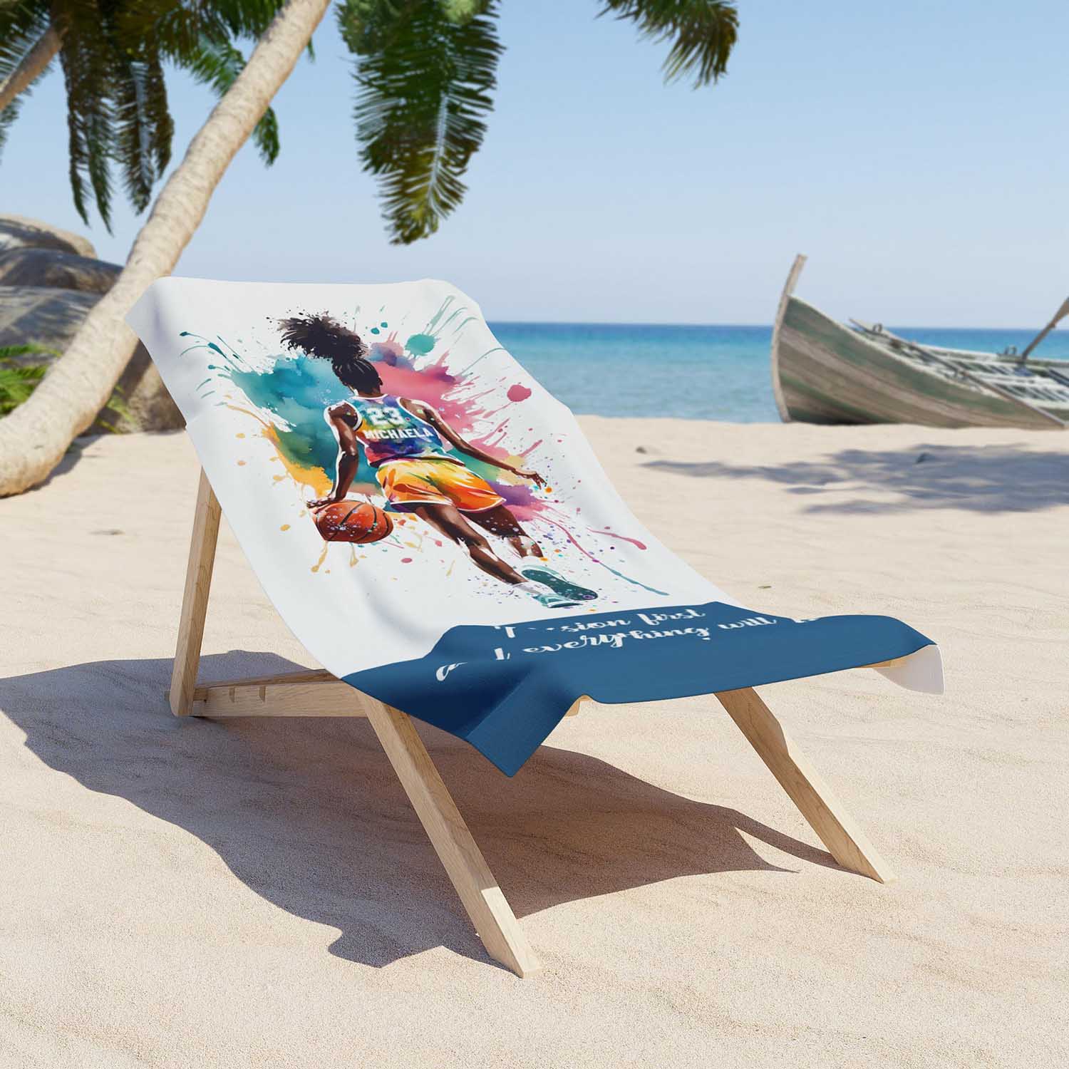 Black girl basketball sports beach towel personalized custom name number, multicolor watercolor art lifestyle lounger