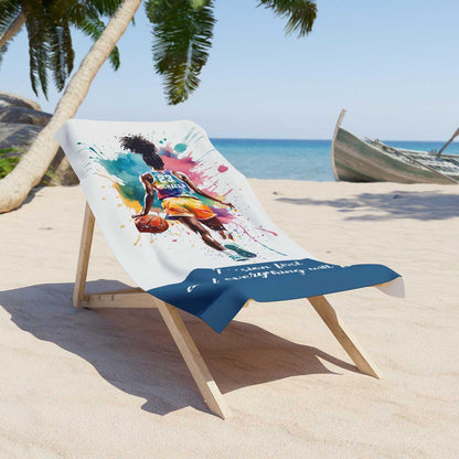 Black girl basketball sports beach towel personalized custom name number, multicolor watercolor art lifestyle lounger