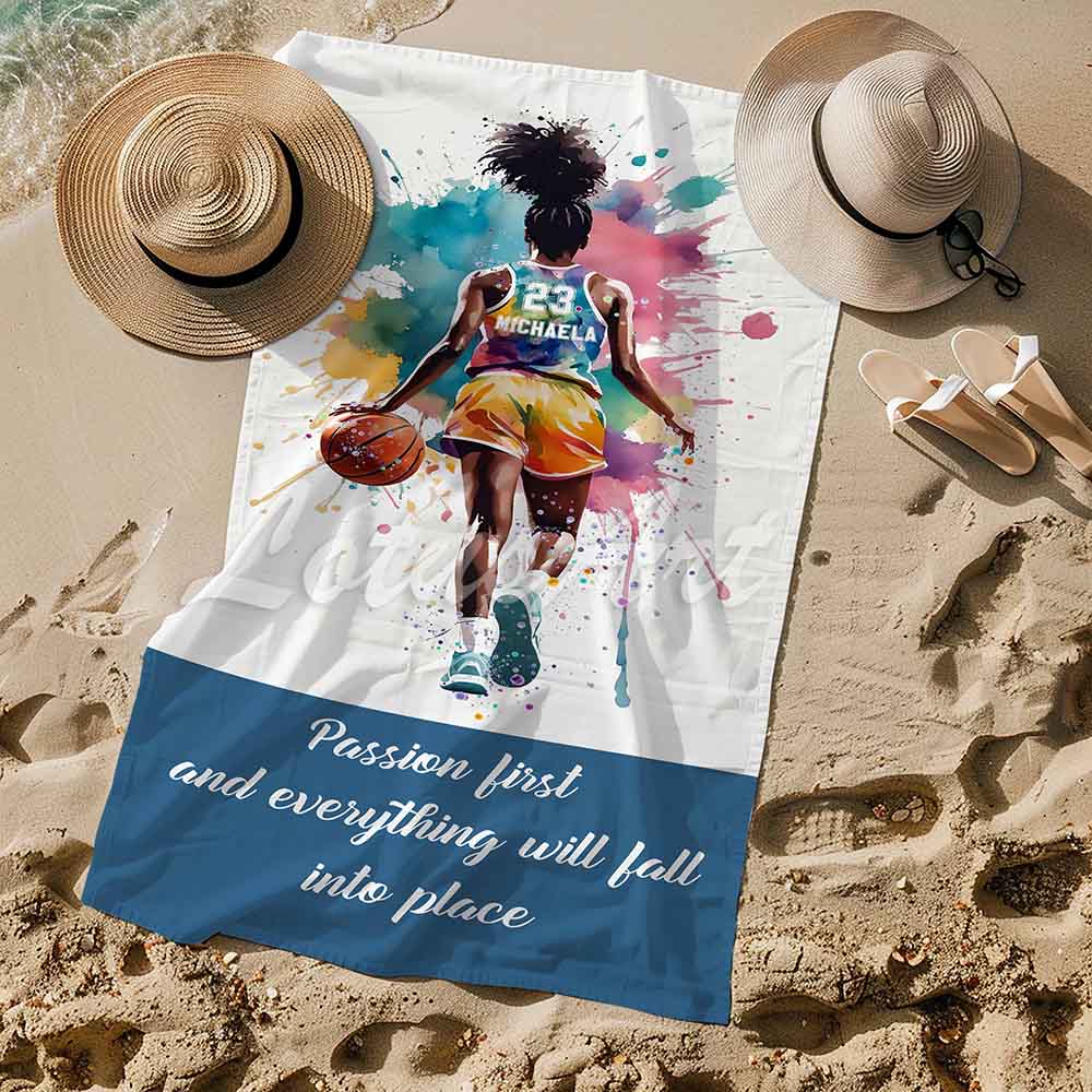 Black girl basketball sports beach towel personalized custom name number, multicolor watercolor art lifestyle sand