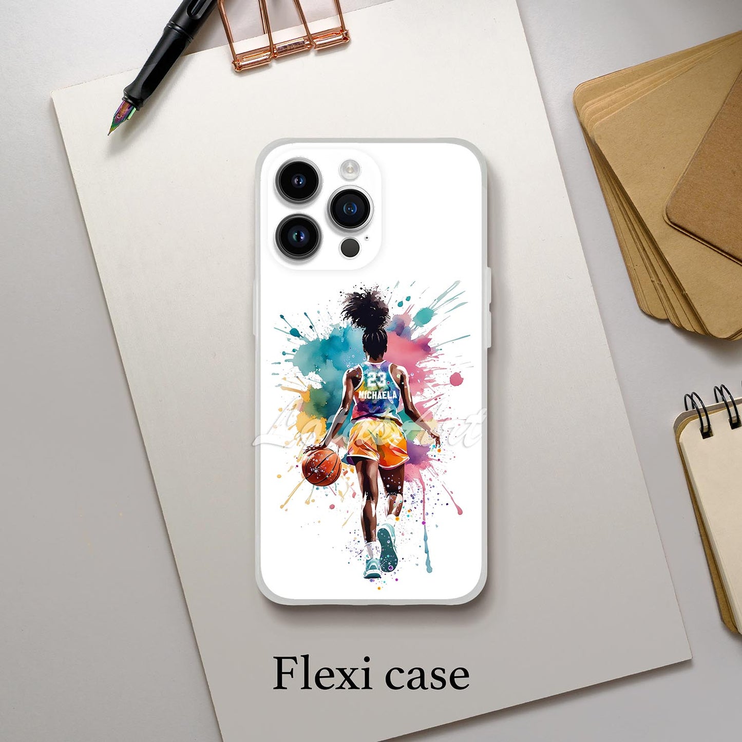 Black girl basketball personalized phone case watercolor sports art, custom name & jersey number, flexi case lifestyle