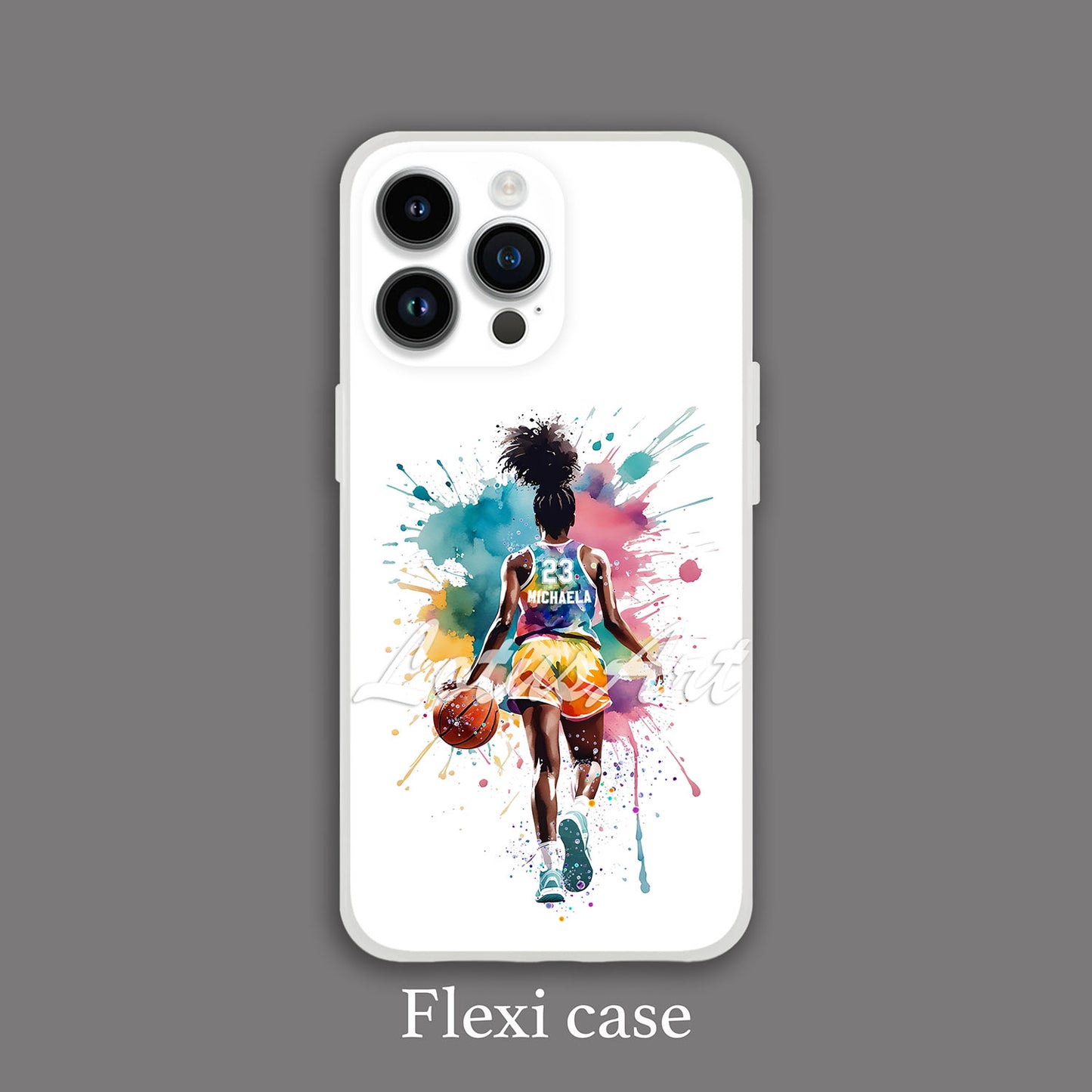 Black girl basketball personalized phone case watercolor sports art, custom name & jersey number, flexi case grey bg
