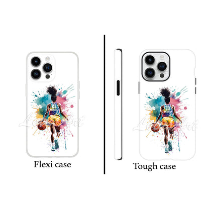 Black girl basketball personalized phone case watercolor sports art, custom name & jersey number, flexi & tough case front