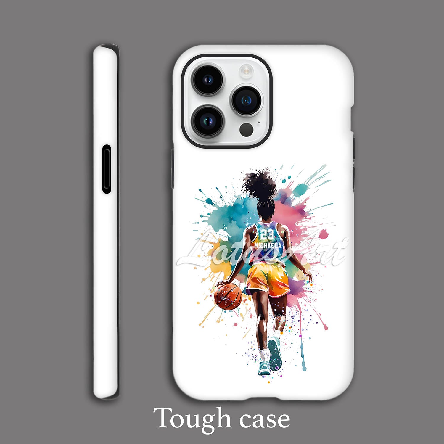 Black girl basketball personalized phone case watercolor sports art, custom name & jersey number, tough case featured