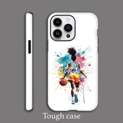 Black girl basketball personalized phone case watercolor sports art, custom name & jersey number, tough case featured