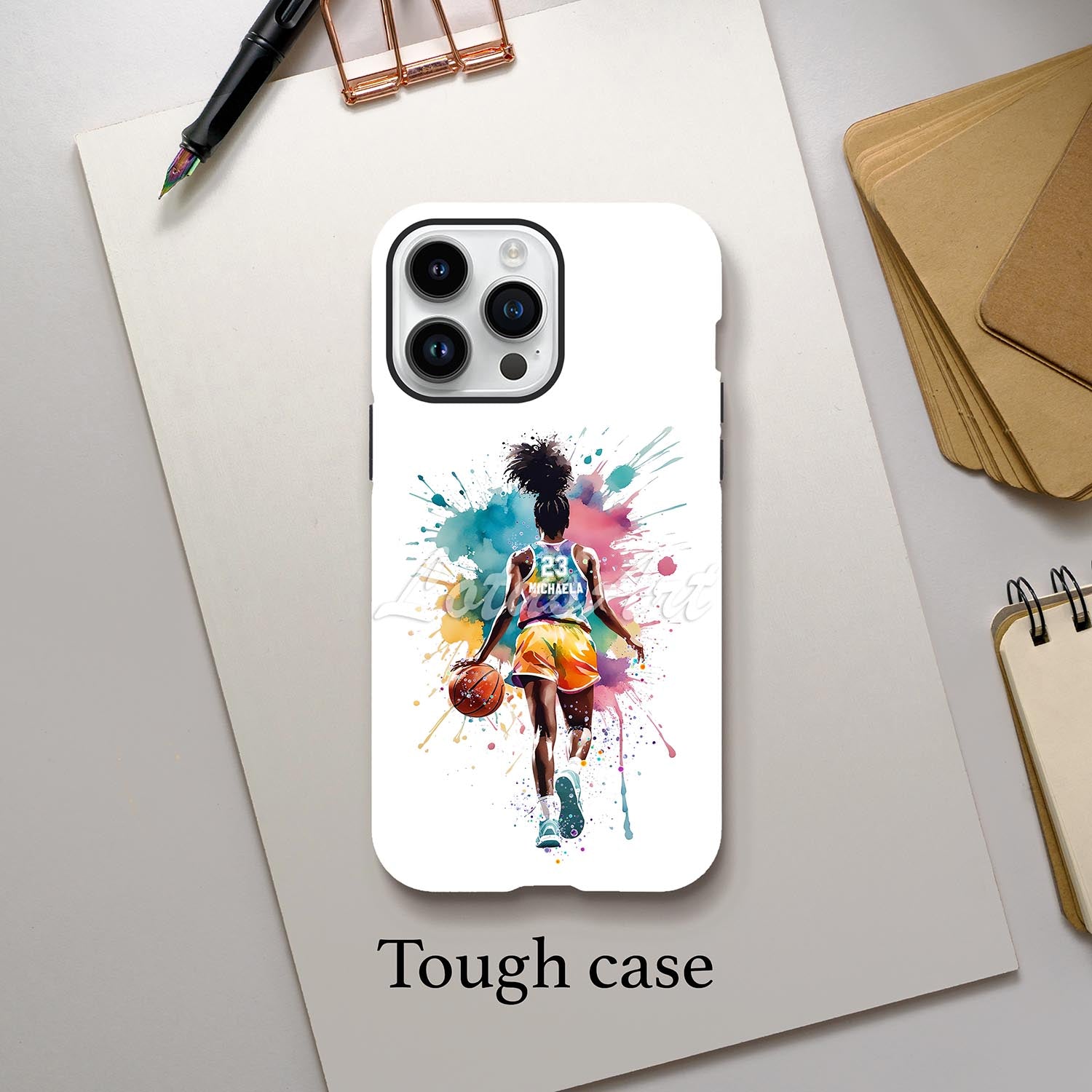 Black girl basketball personalized phone case watercolor sports art, custom name & jersey number, tough case lifestyle